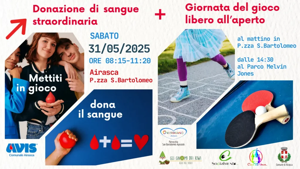 31 maggio donazione di sangue ad Airasca e Giochi all'aperto