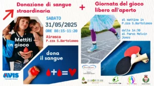 31 maggio donazione di sangue ad Airasca e Giochi all'aperto